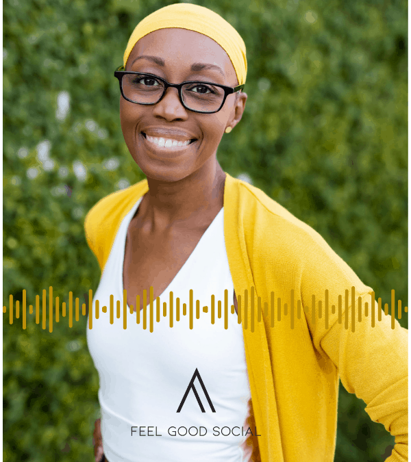 Storyteller Jae Hermann in her signature yellow headwrap and sweater for Feel Good Social podcast with Kinsey Strieb.